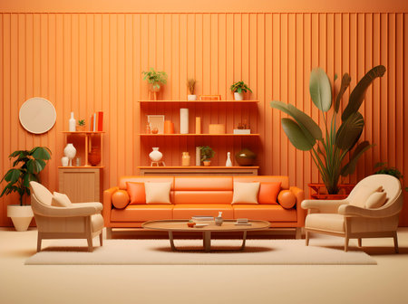 Living room with orange wall, sofa, coffee table and plants. 3d renderingの写真素材