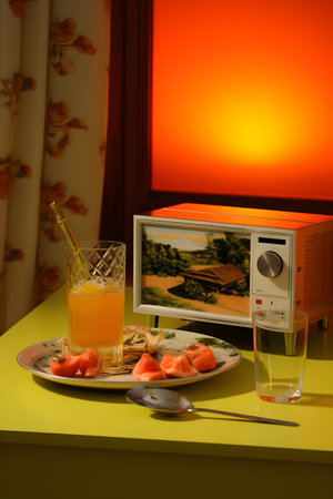 A cup of orange juice and a glass of orange juice on a table in the kitchenの写真素材