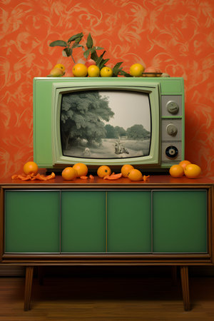 Vintage TV with tangerines on the chest of drawersの写真素材