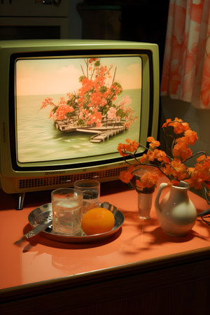 Vintage TV set and flowers in the living room at home.