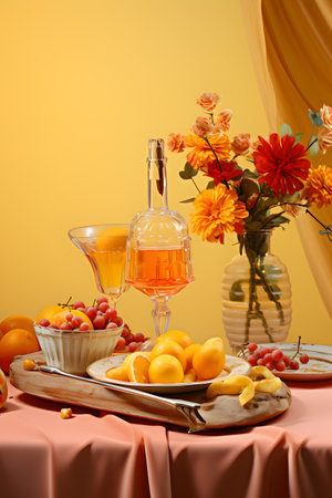 Beautiful table setting with fresh fruits and wine on yellow background.の写真素材