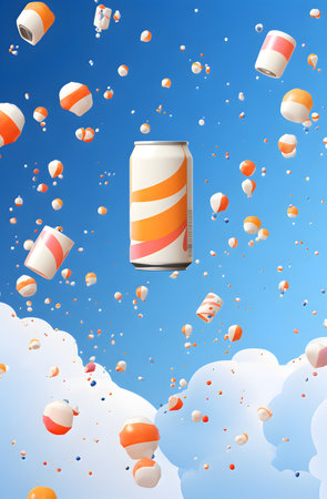 Drink can flying in the blue sky. 3D illustration.
