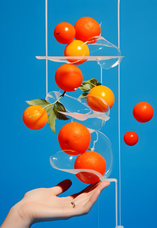 Falling tangerines in a glass vase on blue backgroundの写真素材