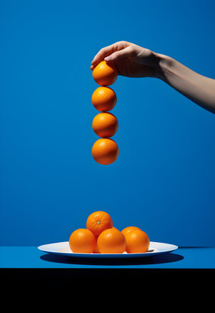 Female hand throws oranges in the air on a blue background. The concept of healthy eating and diet.の写真素材