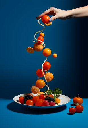 Falling tomatoes and blackberries on white plate with blue background.の写真素材