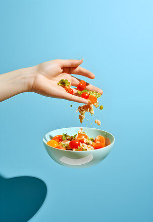 Woman's hand holding a bowl of vegetable salad on blue background.の素材