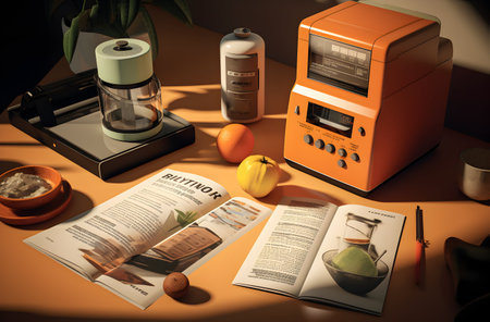 A still life of a coffee machine, an open book, a coffee grinder, a cup of coffee and an orange...