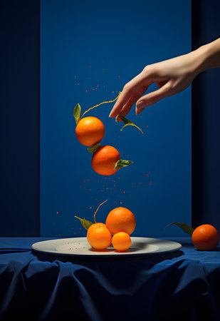 Falling tangerines on white plate with blue cloth and handの写真素材