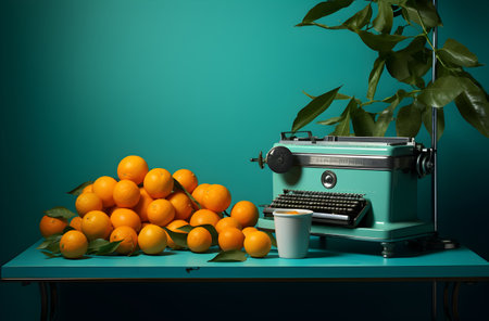 Vintage typewriter and tangerines on a green background.の素材