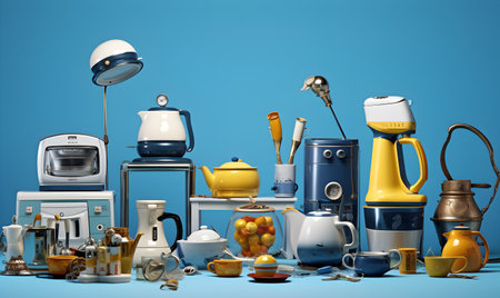 Kitchen appliances on blue background with shadow 3d render on blueの写真素材