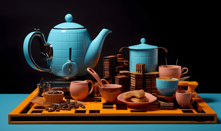 Cup of coffee and teapot on the table. 3d renderingの写真素材