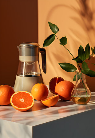 Orange juice in a jug on a table with oranges in a vaseの写真素材