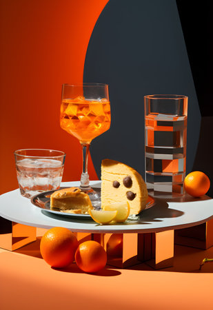 3d render of two glasses and a plate with a slice of cheesecake on an orange backgroundの写真素材