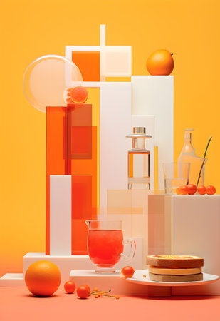 3d illustration. Minimal still life composition with citrus fruits and cosmetic products.の写真素材