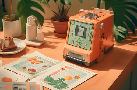 Vintage orange coffee machine on the table in coffee shop, stock photoの写真素材