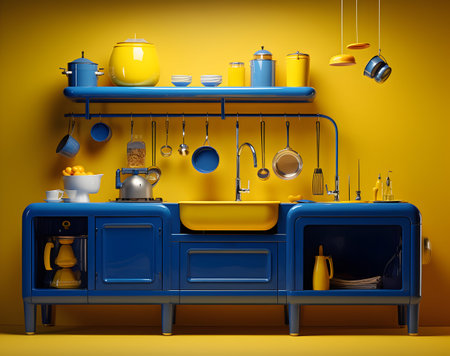 Kitchen utensils on shelves in yellow interior. 3d renderの写真素材