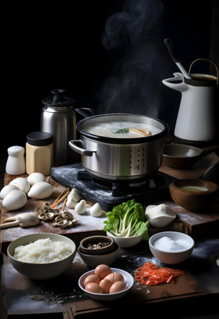 Cooking rice noodle in pot with ingredients on dark background.の写真素材