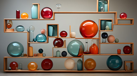 3d rendering of a bookshelf with different colorful glass objectsの写真素材