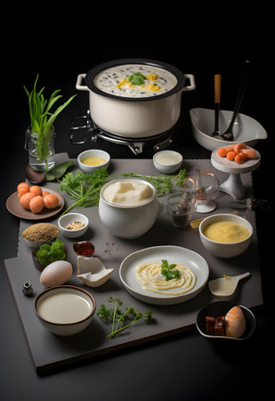 Set of different types of soups in bowls on a black backgroundの写真素材