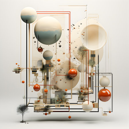 Abstract geometric composition with 3d spheres, balls and plants. Minimalistic design.