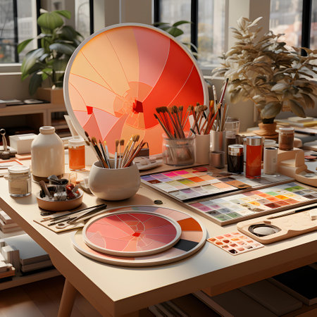 Artist workplace with palette, paints and brushes on table. 3d renderの写真素材