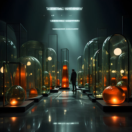 Man in front of glass balls in a room with a lot of lightの写真素材