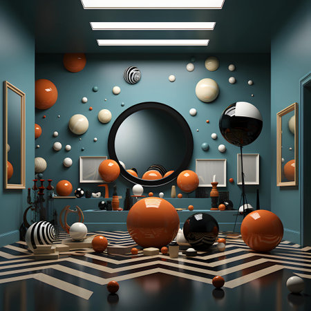 3d render interior of modern living room with mirror and balls.の写真素材