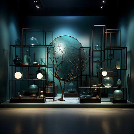 3d render of a black shelf with glass balls in a dark roomの写真素材