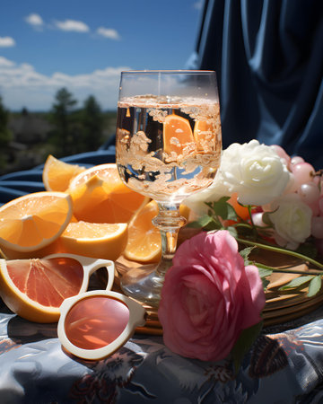 grapefruit, orange, lemon and wine glass on the tableの写真素材
