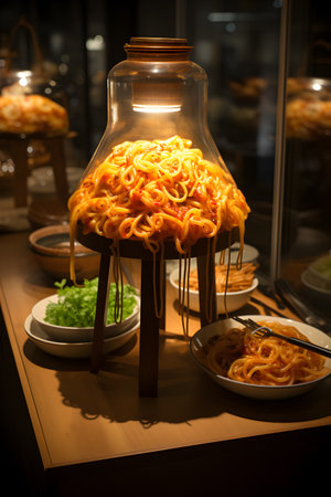 spaghetti in a glass jar on a wooden table in a restaurantの写真素材