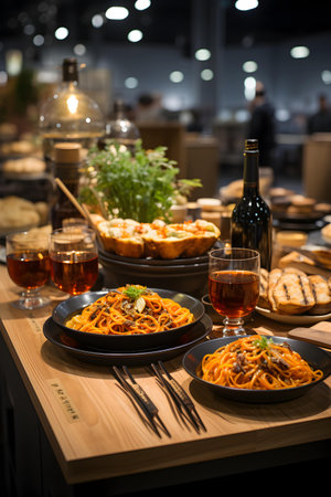 Spaghetti with meat and vegetables in black plate on table in restaurant