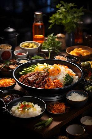 Korean traditional food, kimchi with rice, vegetables and meatの写真素材