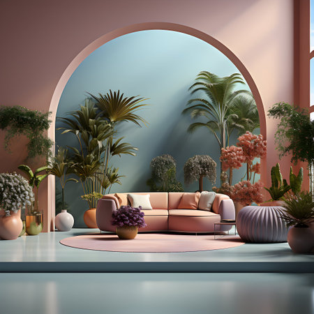 Interior of modern living room with brown sofa, palm trees and plants. 3d render