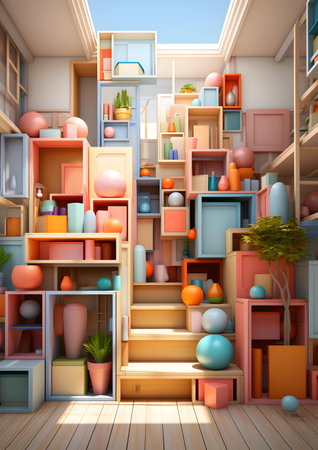 3D render of a childrens room with colorful shelves and shelves