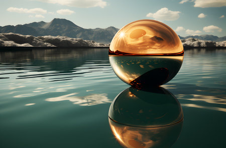 3D render of a crystal ball on water with mountains in the backgroundの写真素材