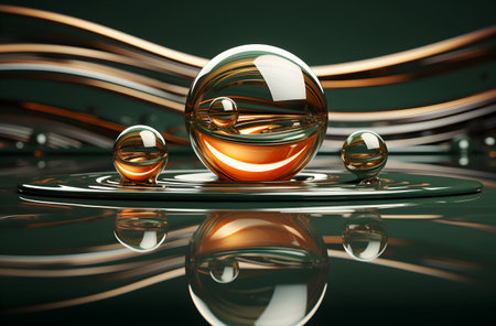 3d render of abstract glass sphere with reflection on water surface.の写真素材