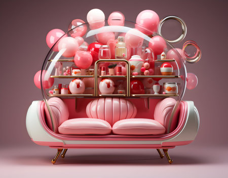 Pink sofa with gift boxes and balloons in the shape of a heart. 3d renderingの写真素材
