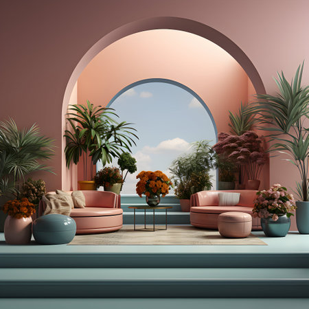 Interior design of modern living room with pink walls, round arched arch, armchairs and plants. 3d...