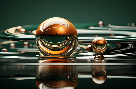 3d illustration of abstract composition with glass sphere and spheres on a green backgroundの写真素材