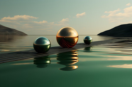3d render of two balls floating on the surface of the waterの写真素材