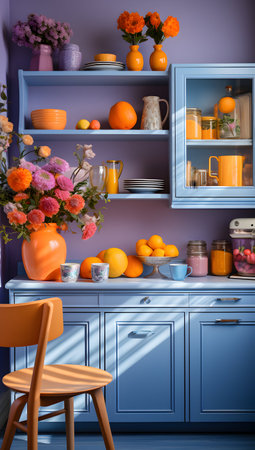 Beautiful bright kitchen interior with flowers. 3d rendered illustration.の写真素材