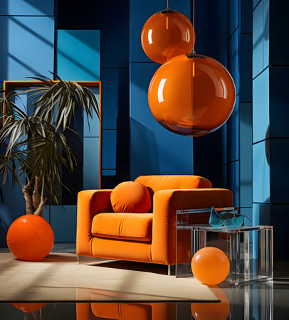 modern living room with orange sofa and orange balls, 3d renderの写真素材