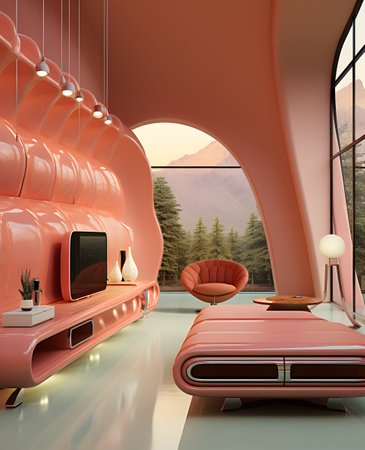 Interior of a modern living room with a view of the mountainsの写真素材