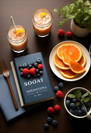 Healthy eating and lifestyle concept. Top view of fresh fruits and berries on wooden table.
