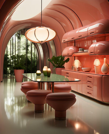 Interior of a modern kitchen with orange and red furniture, 3d renderの写真素材