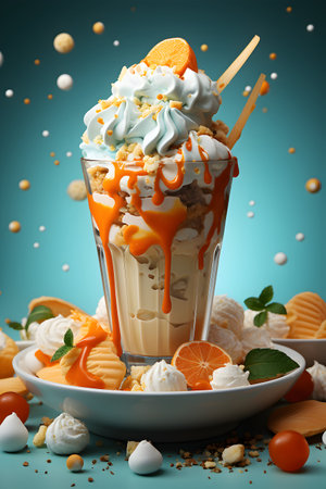 Milkshake with ice cream, caramel and fruits on blue backgroundの写真素材