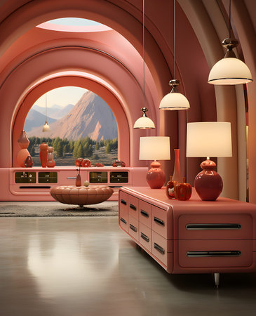 Interior design of a room with an arched ceiling and a fireplace