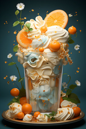 Fruit cocktail with whipped cream and orange slices. 3d illustrationの写真素材