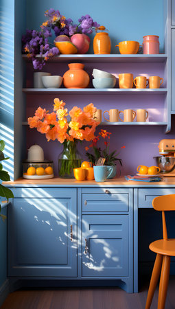 3d illustration of a blue kitchen with shelves and beautiful flowers.の写真素材