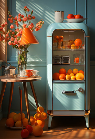 Interior of a modern kitchen with a blue refrigerator, orange and coffeeの写真素材
